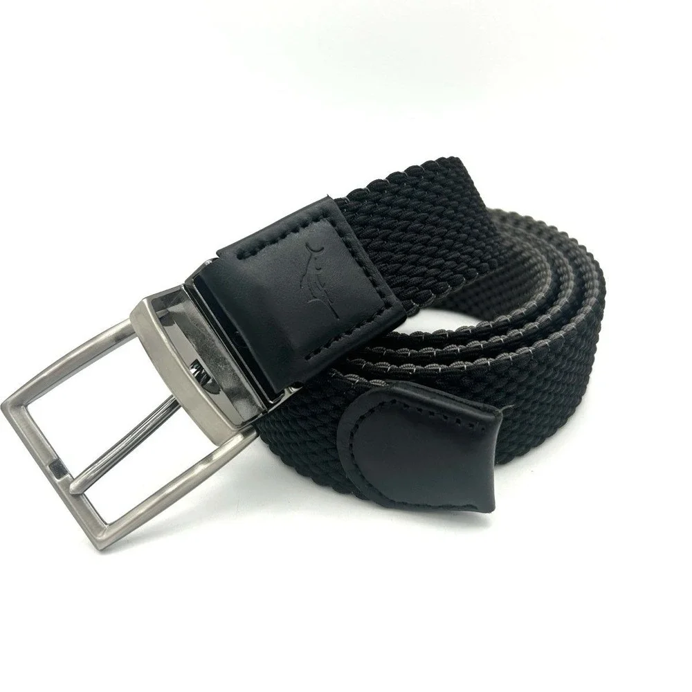 Tommy Bahama Black Stretch Woven Belt Size L-XL 38-42 Golf Casual Leather Trim
